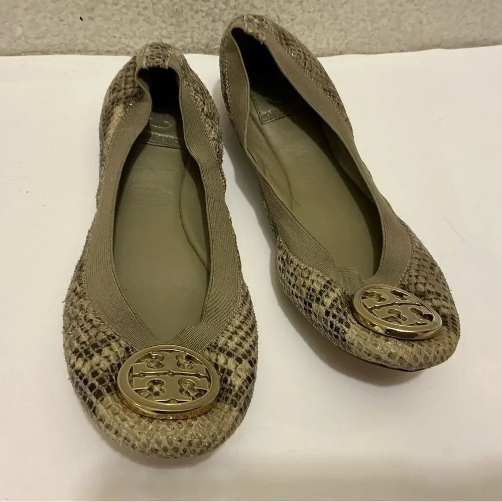 Tory Burch Green/Grey Embossed Snakeskin Leather Caroline Ballet Flats.Size 7M
